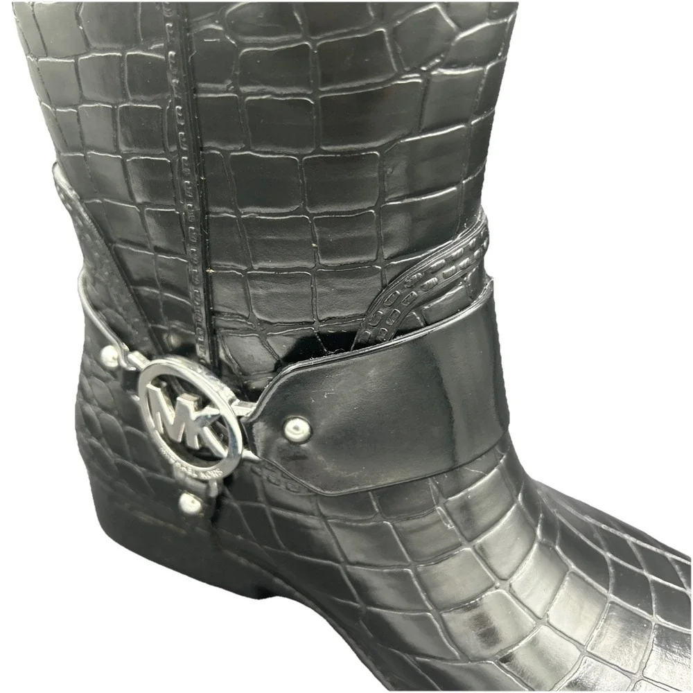 MICHAEL KORS FULTON ICONIC MK LOGO HARNESS BLACK CROCO RAIN BOOTS 6 I LOVE SHOES